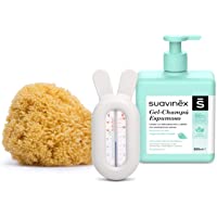 SUAVINEX 307293 Pack Aseo higiene Bebé Termómetro Baño + Esponja Natural Grade + Gel-Champú Espumoso 500ml- 3 productos…